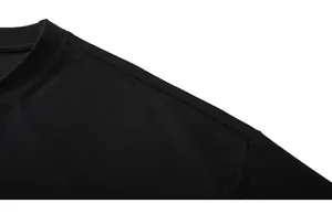 Close-up of crew neck and shoulder seams on a black 250g cotton luminous T-shirt