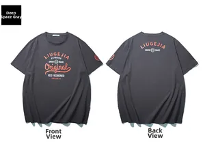 Front and back view of dark gray T-shirt with original letter print and logo