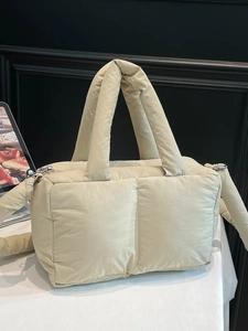 Cream quilted puffer tote bag with soft cloud texture and large capacity for women