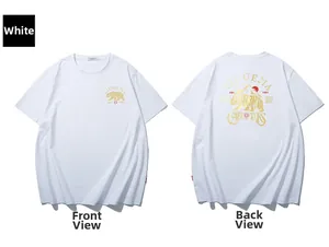 Detailed front and back views of white oversized t-shirt with golden bear graphics