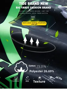 Macro detail of breathable black cotton-poly fabric with neon green graphic print