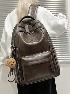 Large capacity dark brown glossy PU leather backpack with multi-layer zipper compartments