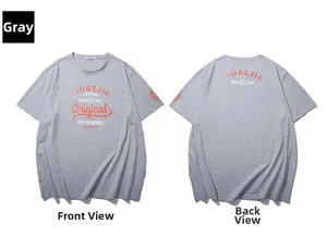 Detailed flat lay of dark gray cotton T-shirt with orange letter prints on front and back