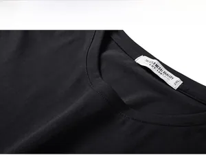 Detail view of the black round neckline with precise stitching and cotton texture