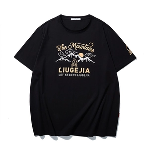 Übergroßes schwarzes Baumwoll-T-Shirt für Herren mit Vintage-Berg- und Flammen-Grafik