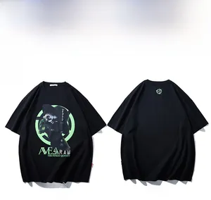 Detail view of black crewneck T-shirt with cyberpunk graphic print and green round motif