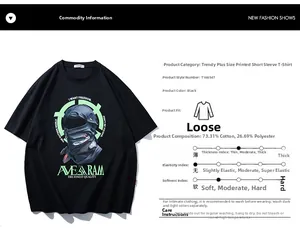 Detailed fabric specs for oversized black tee with cotton-poly blend and freedom print
