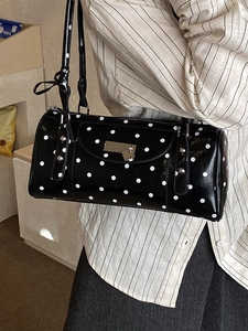 Women Polka Dot Shoulder Bag Retro French Style PU Leather Cylinder Underarm Bag With Heart Pendant Bow Accessory Fashion Handbag