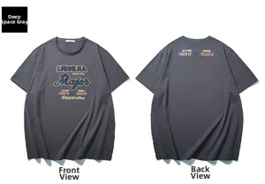 Front and back detail of dark gray short sleeve T-shirt with vintage logo printing