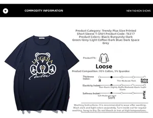 Detail view of navy blue cotton bear print t-shirt showing fabric and specifications