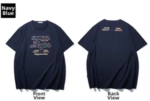 Front and back view of navy blue cotton T-shirt with vintage reflective graphic print