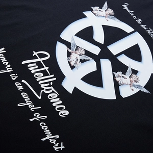 Men's oversized black heavy cotton T-shirt featuring retro angel wings graphic print