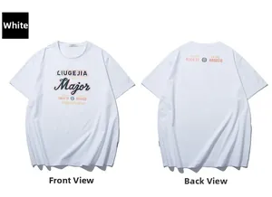Front and back view of white cotton T-shirt featuring retro Major graphic prints