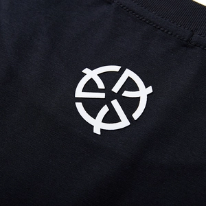 Men's loose black cotton T-shirt with white angel circle logo and ribbed crew neck