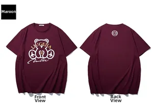 Detailed front and back view of maroon cotton t-shirt with bear graphic print