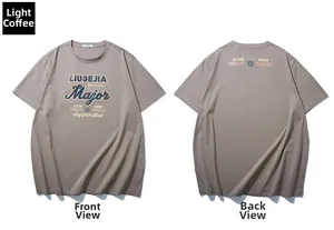Front and back view of light brown crewneck t-shirt with American vintage graphic prints