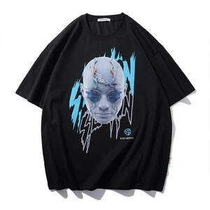 Herren Übergröße T-Shirt Grafisches Porträt Cyberpunk Bedruckt Baumwollmischung Überschnittene Schultern Rundhals Locker Kurzarm Streetwear Top