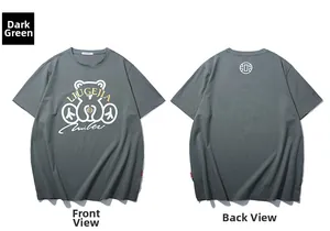 Macro shot of dark green cotton T-shirt featuring cartoon bear print and front/back views