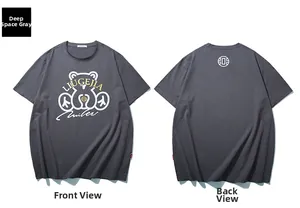 Detailed front and back view of a dark space gray t-shirt featuring a stylish bear print