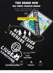 Detail of cotton blend fabric with green STOP PANIC patch and white letter printing