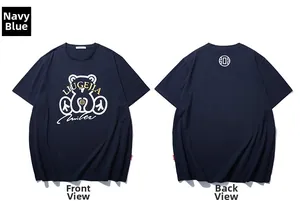 Detailed front and back views of navy blue T-shirt with bear graphics and logo print