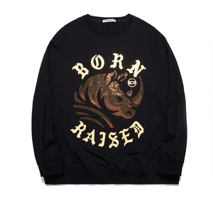 Men's Black Rhino Rhinestone Sweatshirt Plus Size Gothic Letter Gilding Cotton Streetwear Hip Hop Casual Pullover Top