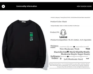 Detail view of black crewneck sweatshirt material composition and technical parameters