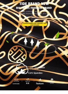 Detail of black hoodie fabric with gold foil print made of 95.4% cotton and 4.6% spandex