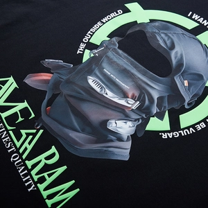 Black street style T-shirt with luminous hood graphic and neon green circular print detail