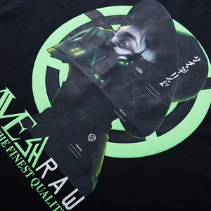 Black cyberpunk T-shirt with neon green female graphic and high-quality cotton texture