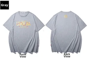 Detailed front and back views of a grey t-shirt featuring a snake and letter print