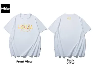 Front and back view of a white oversized cotton T-shirt with gold letter printing