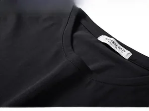 Close-up detail of high-quality black cotton t-shirt neckline and size 2XL woven label
