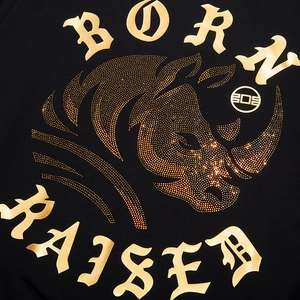 Men's black hoodie with gold rhinestone rhino and gothic lettering print