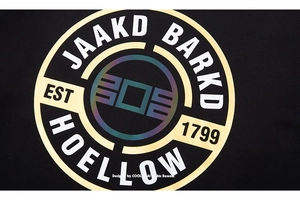 Detail of black hoodie featuring gold foil graphic print and iridescent logo design