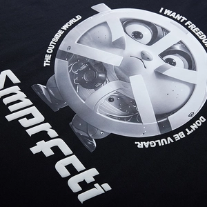Oversized black graphic T-shirt with UV color-changing cartoon print and street style text