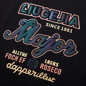 Oversized black t-shirt with reflective gradient print featuring streetwear lettering