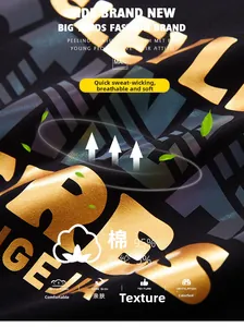 Gros plan sur t-shirt en coton noir avec imprimé lettres dorées et texture tricotée