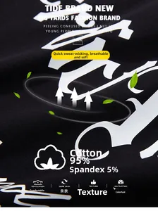 Close-up of black oversized T-shirt fabric texture with 95% cotton and gothic print