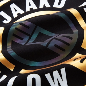 Men's premium black sweatshirt featuring a gold and holographic laser logo print