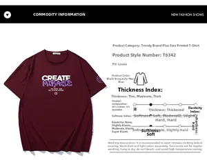 Detail view of burgundy cotton T-shirt featuring purple CREATE MIRACLE graphic and size chart