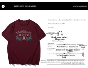 Detail view of burgundy cotton oversized T-shirt showing fabric specs and lion print