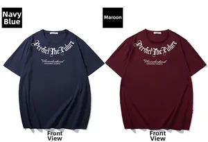 Front view of navy and burgundy t-shirts with Predict The Future graphic print