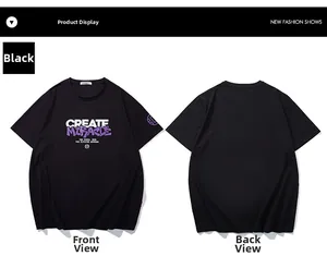 Detail view of black cotton T-shirt featuring CREATE MIRACLE graffiti print on front