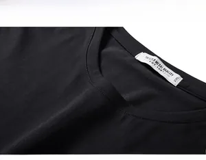 Détail du col rond côtelé et de la texture en coton peigné de qualité sur un t-shirt noir
