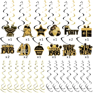 Black and gold 40th birthday party hanging swirl decorations with 1986 cardstock tags