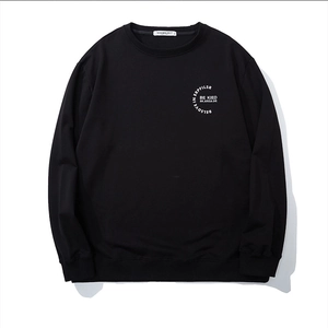 Men's black crewneck sweatshirt with white circular letter print and ribbed cuffs