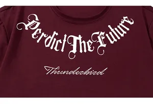 Detail of gothic white Predict The Future print on a burgundy cotton street T-shirt