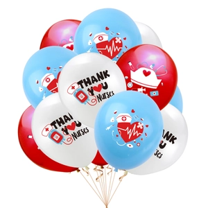Close-up of nurse appreciation latex balloons with medical icons and medical heart prints