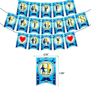 Blau-gelbes Happy Father's Day Banner-Set mit Silhouetten und Maßangaben für Party
